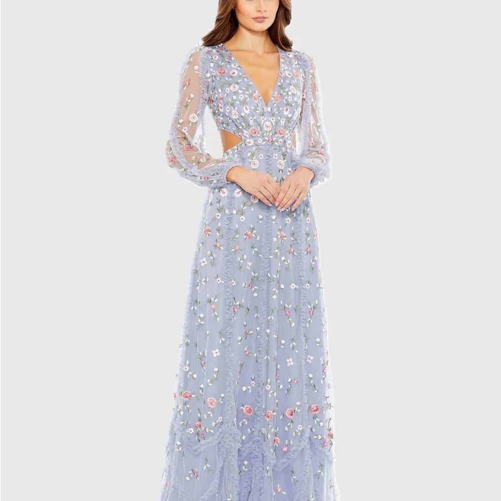 NWT MacDuggal Purple Long Sleeve Embellished Cut Out A-Line Gown